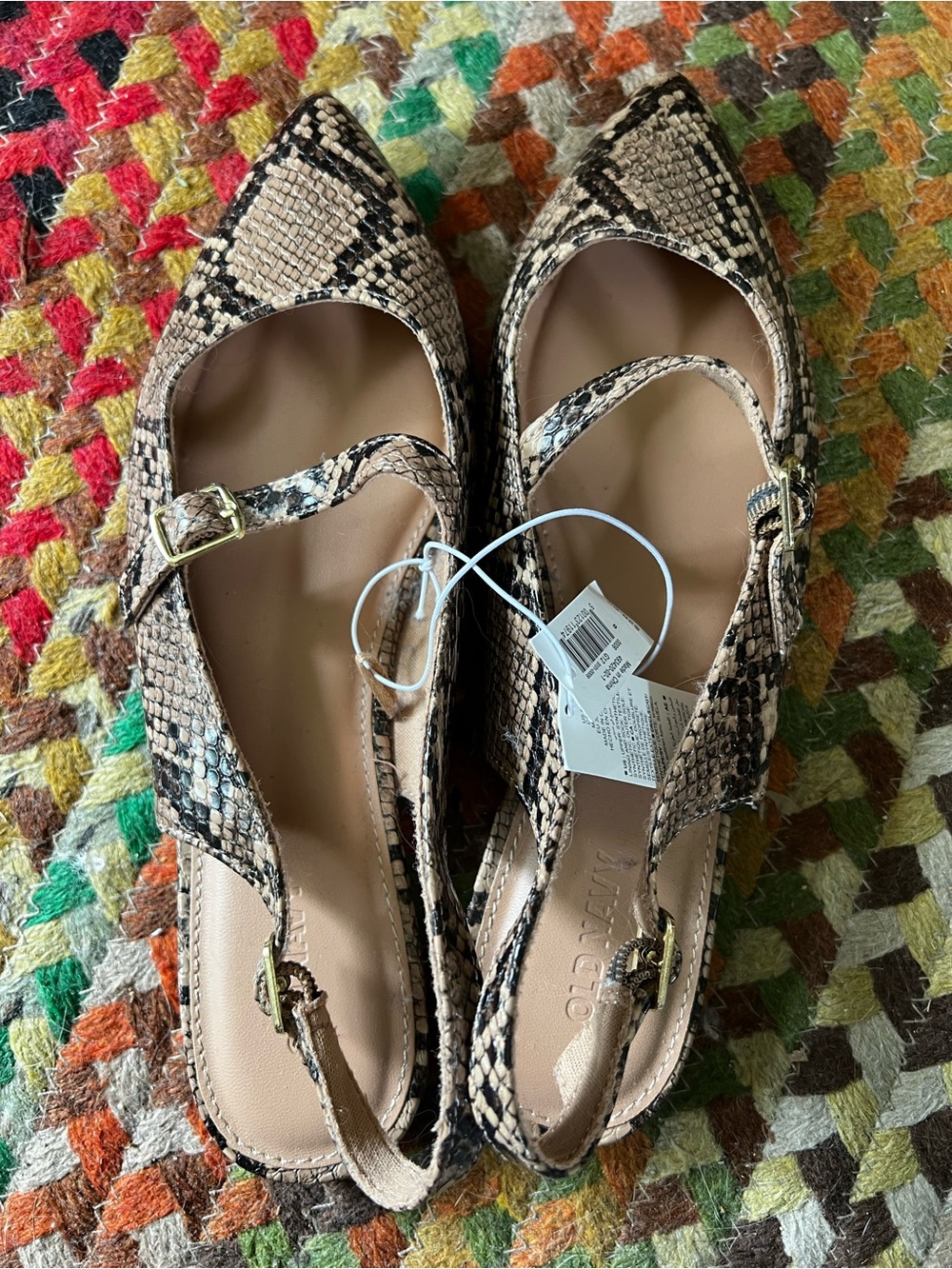 Old Navy Beige and Black Snake-Print Pointed Mary Jane Flats